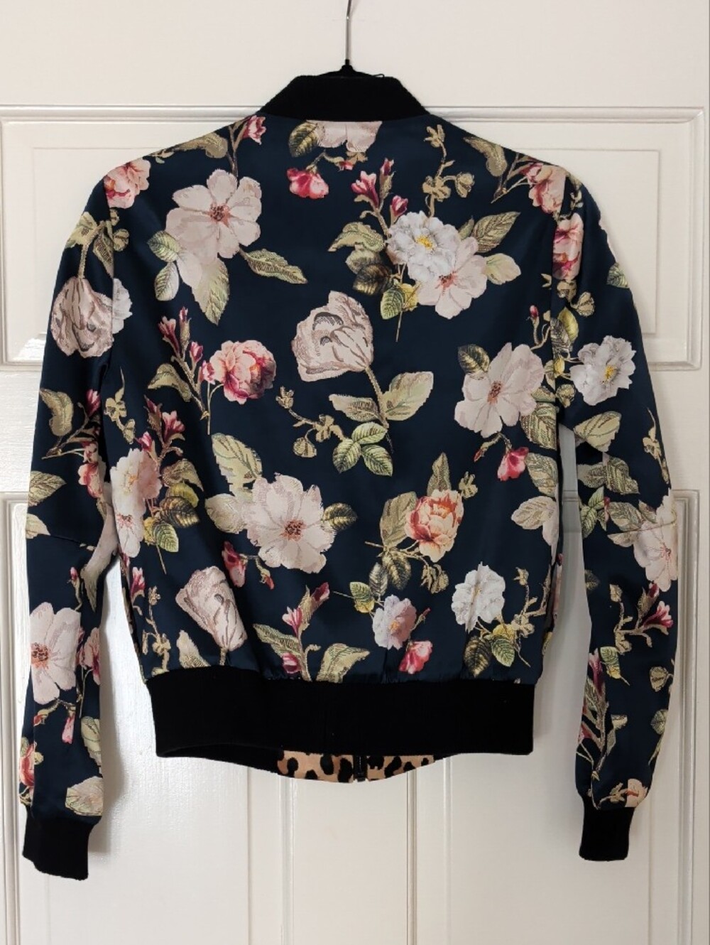 Alice + Olivia Navy Floral Bomber Jacket with Pink and Cream Blossoms - Picture 2 of 5